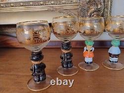 7 Vintage Hummel Wine Blown Glasses Trimmed 14k Gold Etched Glass Germany Goebel