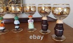 7 Vintage Hummel Wine Blown Glasses Trimmed 14k Gold Etched Glass Germany Goebel