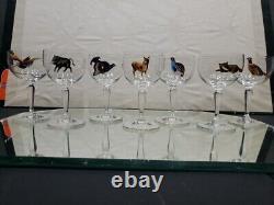 (7) Wine Cocktail Glasses 4-3/8, vtg weasel deer boar turkey quail pheasant