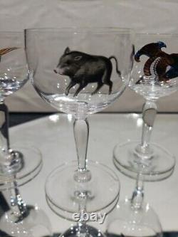 (7) Wine Cocktail Glasses 4-3/8, vtg weasel deer boar turkey quail pheasant
