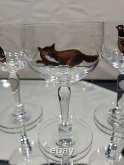 (7) Wine Cocktail Glasses 4-3/8, vtg weasel deer boar turkey quail pheasant