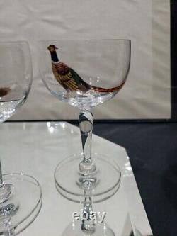 (7) Wine Cocktail Glasses 4-3/8, vtg weasel deer boar turkey quail pheasant