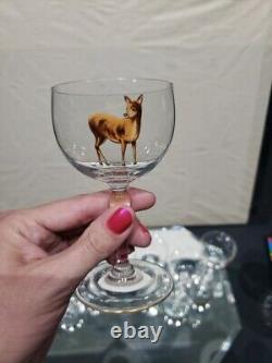 (7) Wine Cocktail Glasses 4-3/8, vtg weasel deer boar turkey quail pheasant