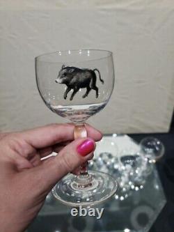 (7) Wine Cocktail Glasses 4-3/8, vtg weasel deer boar turkey quail pheasant