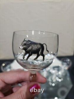 (7) Wine Cocktail Glasses 4-3/8, vtg weasel deer boar turkey quail pheasant