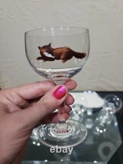 (7) Wine Cocktail Glasses 4-3/8, vtg weasel deer boar turkey quail pheasant