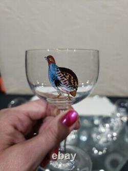 (7) Wine Cocktail Glasses 4-3/8, vtg weasel deer boar turkey quail pheasant