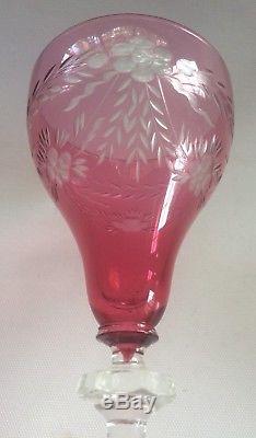 8 Exquisite Antique Crystal Cranberry Glass Cut To Clear Wine Goblets 8-1/4 Tall