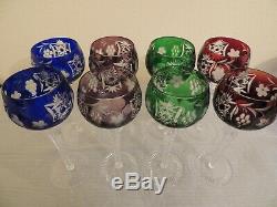 8 Gorgeous Cut to Clear Crystal Colored Bohemian Wine Glasses Vintage