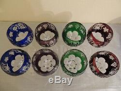 8 Gorgeous Cut to Clear Crystal Colored Bohemian Wine Glasses Vintage