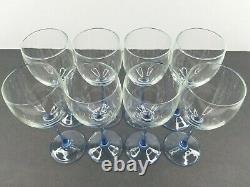 8 Luminarc France Blue Stem Wine Glass Set 7.75 Vintage Elegant Arcoroc Glasses