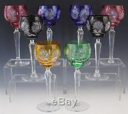 8 Pc Vintage Cut to Clear Cobalt Blue Rainbow Czech Glass Stemmed Wine Glasses