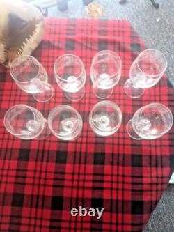 8 Set Bohemia Crystal Etched Wine Glasses Cascade Faceted Knob Stem Imp. Assoc