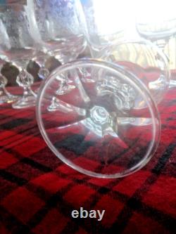 8 Set Bohemia Crystal Etched Wine Glasses Cascade Faceted Knob Stem Imp. Assoc