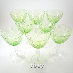 8 Vintage Danish Lyngby Crystal Cut White Wine Green Glasses Vienna Antique