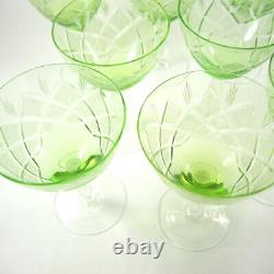 8 Vintage Danish Lyngby Crystal Cut White Wine Green Glasses Vienna Antique