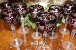 8 Vintage Handmade Glass Crystal Cased Cut-To-Clear Wine Glasses