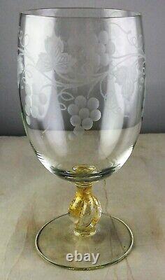 8 Vintage Murano Art Glass Wine Goblets Engraved Grapes Gold Aventurine Stems