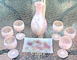 8 Vintage Pink Satin Reuben Drip Wine glasses Decanter & Tray