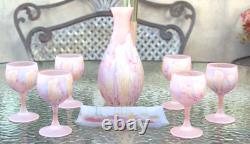 8 Vintage Pink Satin Reuben Drip Wine glasses Decanter & Tray