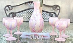 8 Vintage Pink Satin Reuben Drip Wine glasses Decanter & Tray