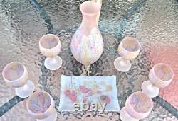8 Vintage Pink Satin Reuben Drip Wine glasses Decanter & Tray