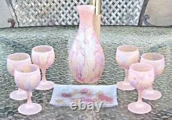 8 Vintage Pink Satin Reuben Drip Wine glasses Decanter & Tray