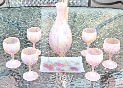 8 Vintage Pink Satin Reuben Drip Wine glasses Decanter & Tray