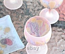 8 Vintage Pink Satin Reuben Drip Wine glasses Decanter & Tray