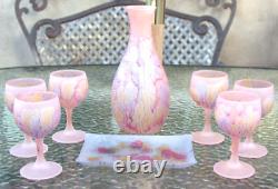 8 Vintage Pink Satin Reuben Drip Wine glasses Decanter & Tray