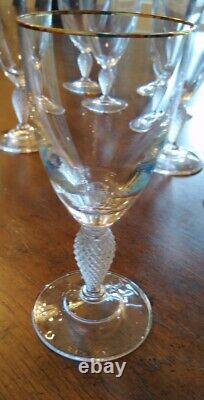 8 Vintage Thin Gold Rimmed Crystal 6 oz Wine Glasses Diamond Cut Stem Set Of 8