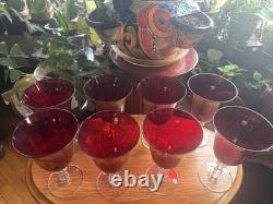 8 Vintage Wine Water Blown Glass Goblets Stemware Barware Ruby Red Clear Stem