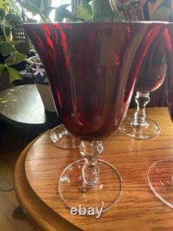 8 Vintage Wine Water Blown Glass Goblets Stemware Barware Ruby Red Clear Stem