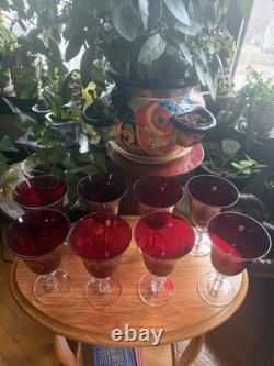 8 Vintage Wine Water Blown Glass Goblets Stemware Barware Ruby Red Clear Stem