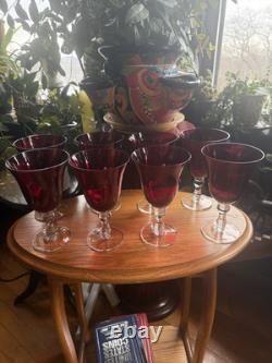 8 Vintage Wine Water Blown Glass Goblets Stemware Barware Ruby Red Clear Stem