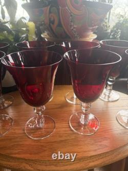 8 Vintage Wine Water Blown Glass Goblets Stemware Barware Ruby Red Clear Stem