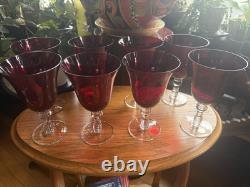 8 Vintage Wine Water Blown Glass Goblets Stemware Barware Ruby Red Clear Stem