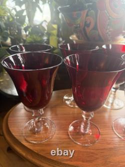 8 Vintage Wine Water Blown Glass Goblets Stemware Barware Ruby Red Clear Stem