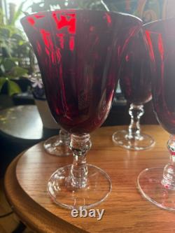 8 Vintage Wine Water Blown Glass Goblets Stemware Barware Ruby Red Clear Stem