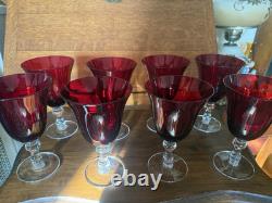 8 Vintage Wine Water Blown Glass Goblets Stemware Barware Ruby Red Clear Stem