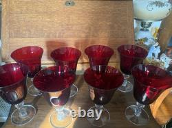 8 Vintage Wine Water Blown Glass Goblets Stemware Barware Ruby Red Clear Stem