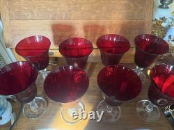 8 Vintage Wine Water Blown Glass Goblets Stemware Barware Ruby Red Clear Stem