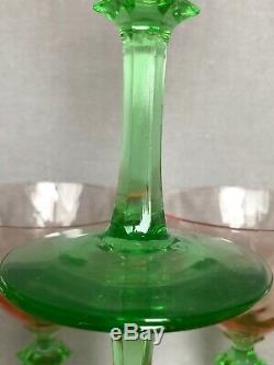 8 Vtg Watermelon Depression Glass Wines Uranium Green Fluted Stem Pink Optic