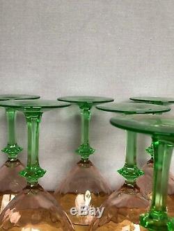 8 Vtg Watermelon Depression Glass Wines Uranium Green Fluted Stem Pink Optic