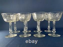 8 vintage Mid-Century Modern clear etched glass wine goblets 1940s 1950s