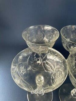 8 vintage Mid-Century Modern clear etched glass wine goblets 1940s 1950s