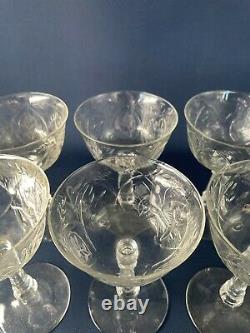 8 vintage Mid-Century Modern clear etched glass wine goblets 1940s 1950s