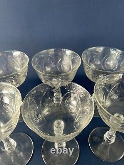 8 vintage Mid-Century Modern clear etched glass wine goblets 1940s 1950s