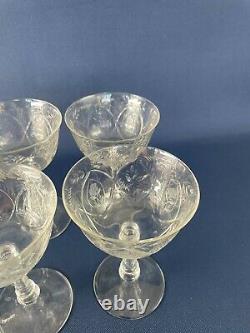 8 vintage Mid-Century Modern clear etched glass wine goblets 1940s 1950s