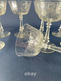 8 vintage Mid-Century Modern clear etched glass wine goblets 1940s 1950s